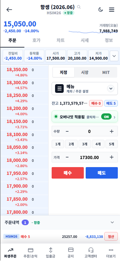 모바일 HTS 주문 화면
